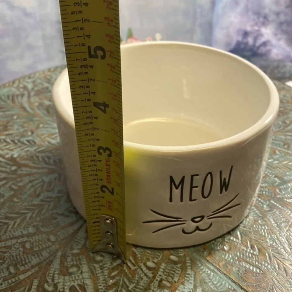 2-Mudpie Ceramic Cat Bowl MEOW Feeding Dish Off White Kitty Face